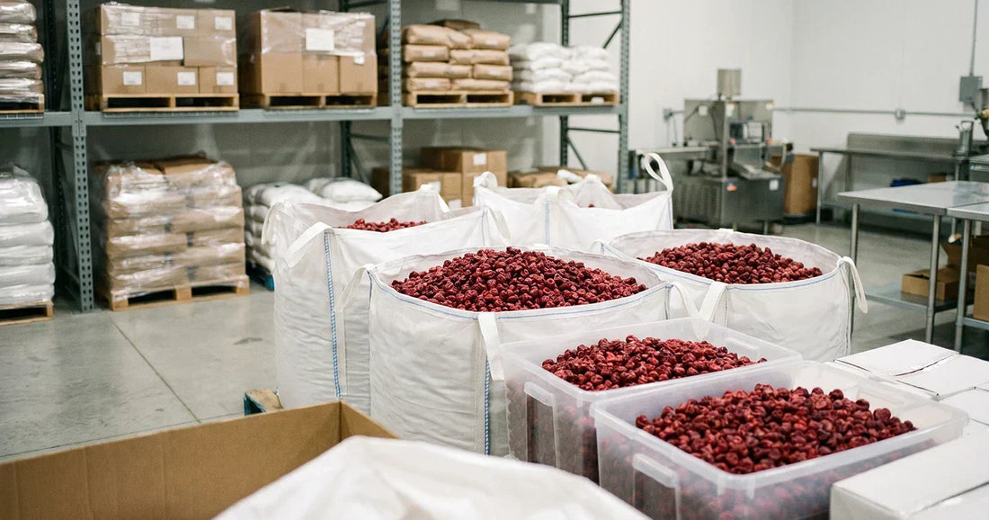 Gefriergetrocknete Sauerkirschen in industriellen Großgebinden für den B2B-Großhandel.
