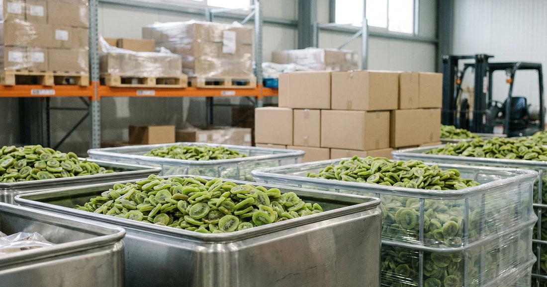 Premium-Getrocknete Kiwi in industrieller Verpackung für den Export vorbereitet – als Beispiel für die globale Versorgung der Lebensmittelindustrie mit hochwertigen Fruchtzutaten